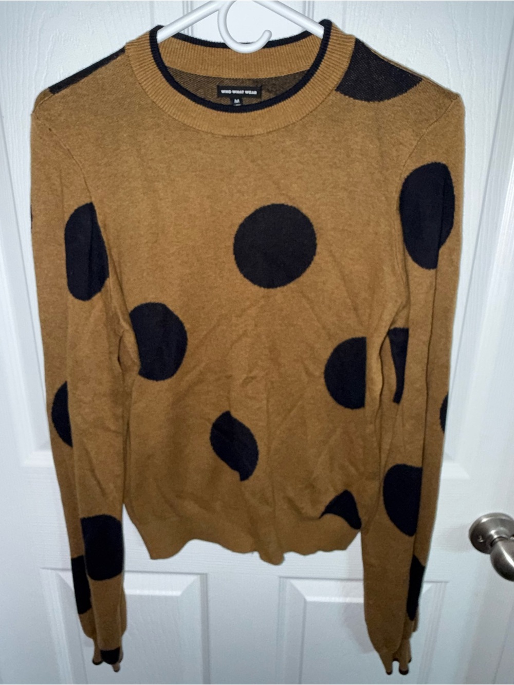 Who What Wear in Sienna Brown Crewneck Sweater with Black Polka Dots